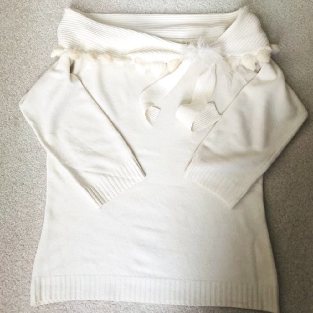 White Sweater with Feather Pin & Pom Poms